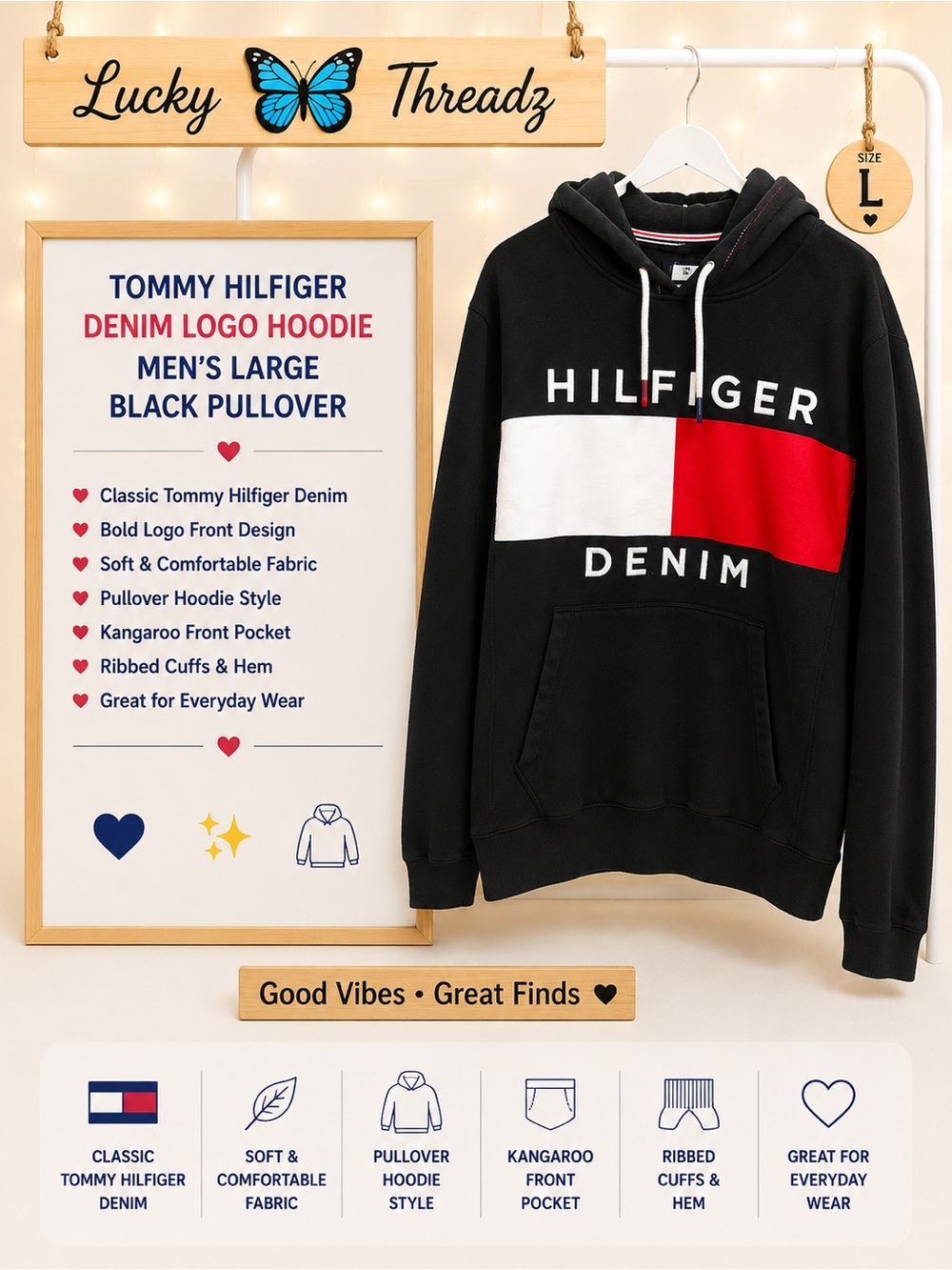 Tommy Hilfiger Denim Logo Hoodie Men’s Large Black Pullover